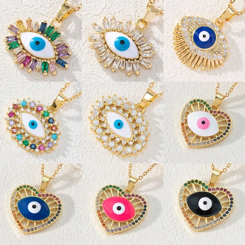 Bohemian Evil Eye Necklace Gold Plated Brass Colorful Zirconia Enamel Hamsa Hand Heart Moon Pendant Turkish Nazar Jewelry For Women