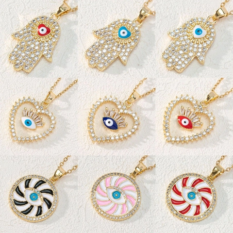 Bohemian Evil Eye Necklace Gold Plated Brass Colorful Zirconia Enamel Hamsa Hand Heart Moon Pendant Turkish Nazar Jewelry For Women