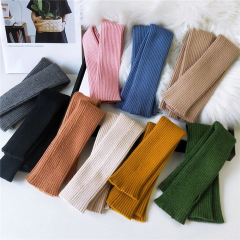 Ribbed Knitted Arm Warmers Women Fingerless Long Gloves With Thumb Hole Solid Color Soft Warm Winter Sleeves Accessory