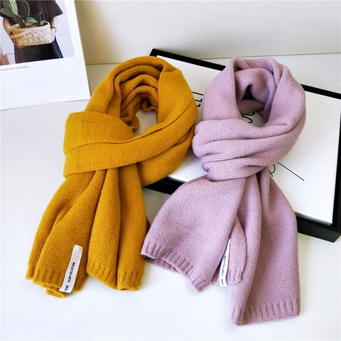Knitted Scarf Solid Color Thick Warm Winter Neck Warmer Ribbed Edge Soft Yarn Fashion Accessory Unisex