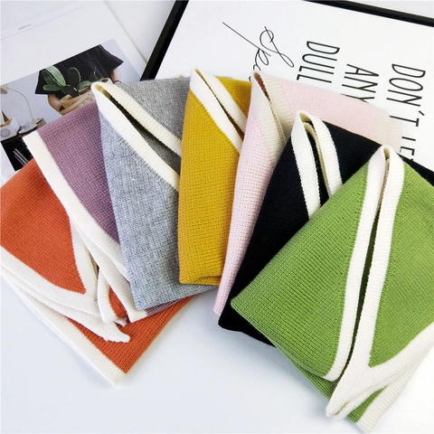 Knitted Triangle Scarf Contrast Border Neck Warmer Solid Color Winter Warm Cross Wrap Shawl Women Casual Outdoor Accessories