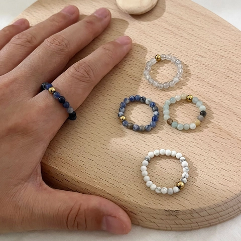 Anello Elastico con Perline in Pietra Naturale Bohemien per Donna Perla in Metallo Dorato Regolabile Gioielli Minimalisti Fatti a Mano