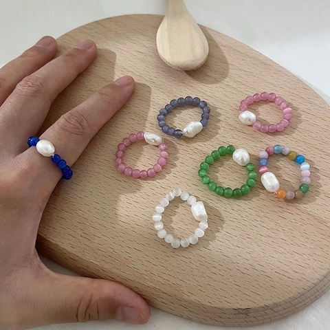 Handmade Beaded Ring Featuring Artificial Baroque Pearl And Cat Eye Stones Elastic Adjustable Vintage Style Jewelry For Women