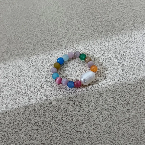 Handmade Beaded Ring Featuring Artificial Baroque Pearl And Cat Eye Stones Elastic Adjustable Vintage Style Jewelry For Women