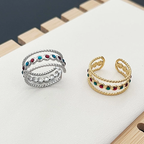 Retro Triple Layer Stainless Steel Open Ring Colorful Oil Dripping Adjustable Finger Jewelry Luxury Style For Women