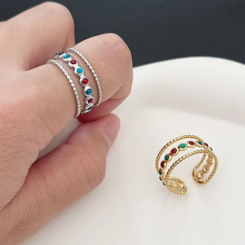 Retro Triple Layer Stainless Steel Open Ring Colorful Oil Dripping Adjustable Finger Jewelry Luxury Style For Women