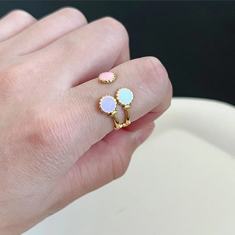 Verstelbare Ring Roestvrij Staal Verguld Drie Kleurrijke Emaille Stippen Retro Ins Stijl Voor Vrouwen