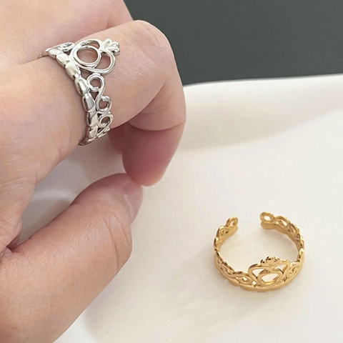 French Vintage Crown Ring Stainless Steel Hollow Out Open Adjustable Finger Jewelry For Women