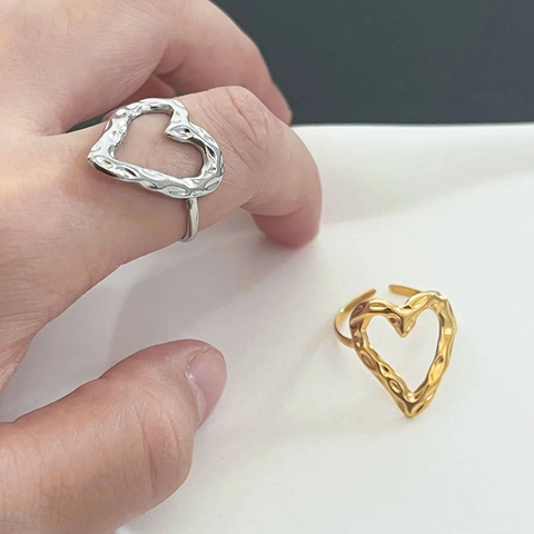 Hohlherz Verstellbarer Offener Ring Edelstahl Hammerschlagstruktur Vintage Einfacher Modeschmuck Für Frauen