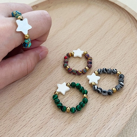 Star Charm Handmade Elastic Beaded Ring Malachite Shell Steel Beads Bohemian Fashion Jewelry For Women