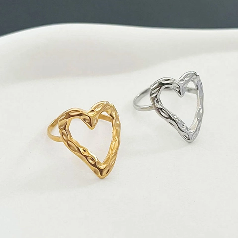 Hohlherz Verstellbarer Offener Ring Edelstahl Hammerschlagstruktur Vintage Einfacher Modeschmuck Für Frauen