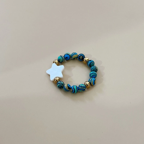 Star Charm Handmade Elastic Beaded Ring Malachite Shell Steel Beads Bohemian Fashion Jewelry For Women