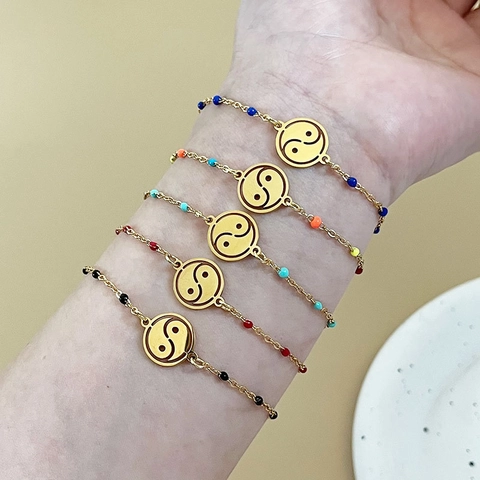 Bracciali Con Ciondolo Yin Yang Tai Chi Acciaio Inossidabile Placcato Oro Con Perline Colorate Per Donna Moda Minimalista Regolabile