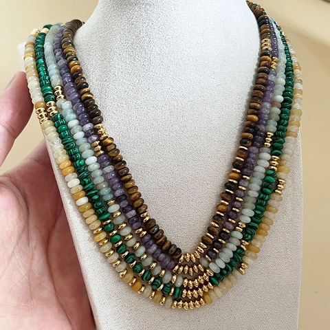 Natural Gemstone Beaded Necklace For Women Retro Elegant Abacus Stone Disk Beads With Gold Color Stainless Steel Spacers
