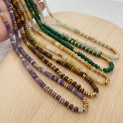 Natural Gemstone Beaded Necklace For Women Retro Elegant Abacus Stone Disk Beads With Gold Color Stainless Steel Spacers