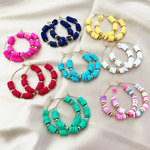 Bohemian Polymer Clay Hoop Earrings Stainless Steel Heishi Beads Large Circle Earrings For Women Vacation Jewelry Gift