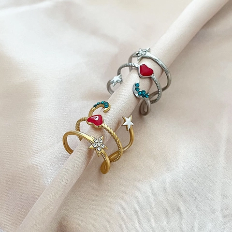 Edelstahl Dreilagiger Offener Ring Emaille Herz Stern Mond Zirkonia Ästhetisch Trendiger Verstellbarer Schmuck Für Damen