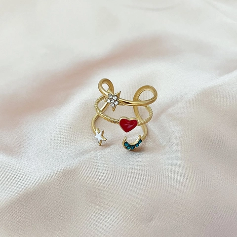 Edelstahl Dreilagiger Offener Ring Emaille Herz Stern Mond Zirkonia Ästhetisch Trendiger Verstellbarer Schmuck Für Damen