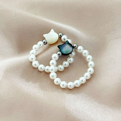 Handmade Cat Eye Stone Mother Of Artificial Pearl Cat Head Beaded Ring For Women Fashion Titanium Steel Artificial Pearl Elastic Finger Ring Jewelry Gift