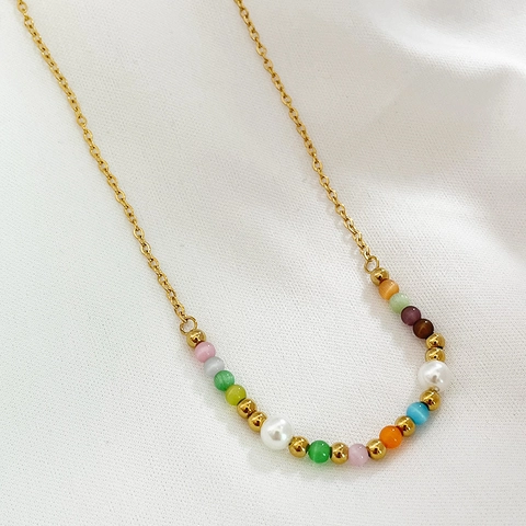 Double Layer Necklace Titanium Steel Colorful Cats Eye Stone Faux Artificial Pearl Heart Pendant French Retro For Women