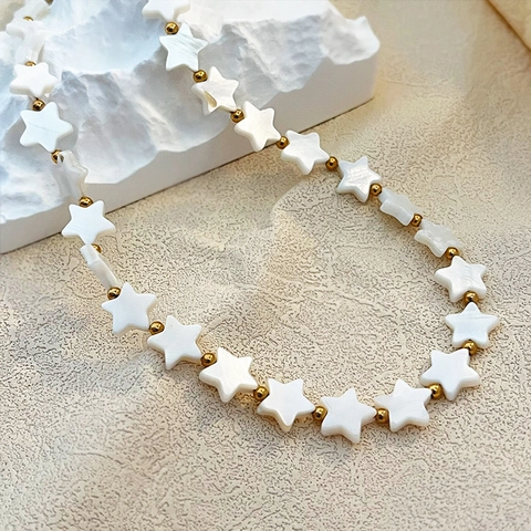 Double Layered Necklace Featuring Star Shell Beads And Stainless Steel Retro French Style Elegant Niche Jewelry For Women