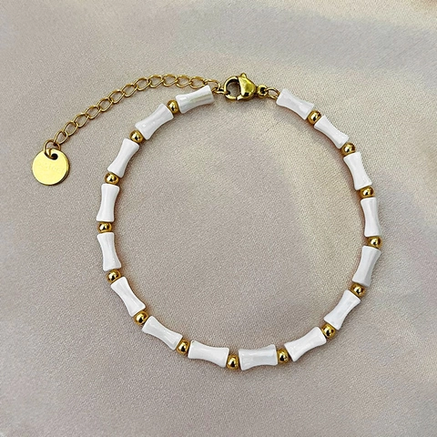 Minimalist White Shell Bamboo Bead Bracelet Stainless Steel Elegant Fashion Jewelry For Women Non-Fading Gold Beaded Chain