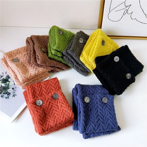 Solid Color Knitted Scarf With Buttons Warm Winter Neck Warmer For Women Cable Knit Elegant Soft Wrap