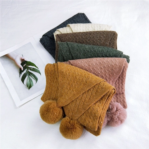 Winter Knit Scarf Acrylic Cable Pattern Thick Warm Long Neck Wrap With Pom Poms Solid Color Versatile