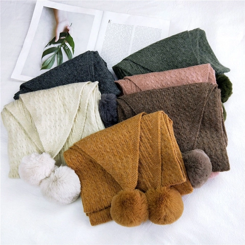 Winter Knit Scarf Acrylic Cable Pattern Thick Warm Long Neck Wrap With Pom Poms Solid Color Versatile