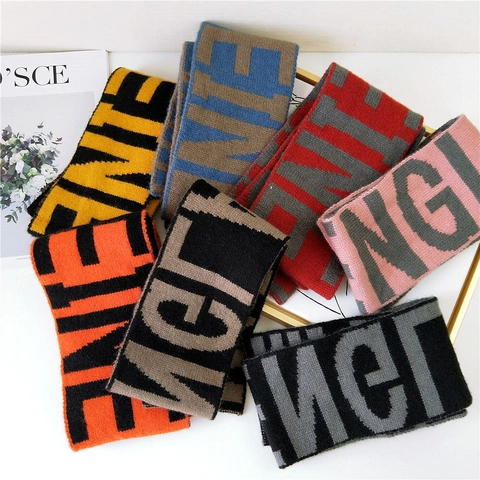 Knitted Winter Scarf Long Warm Letter Jacquard Contrast Color Soft Neck Warmer For Women Men Fashion Streetwear