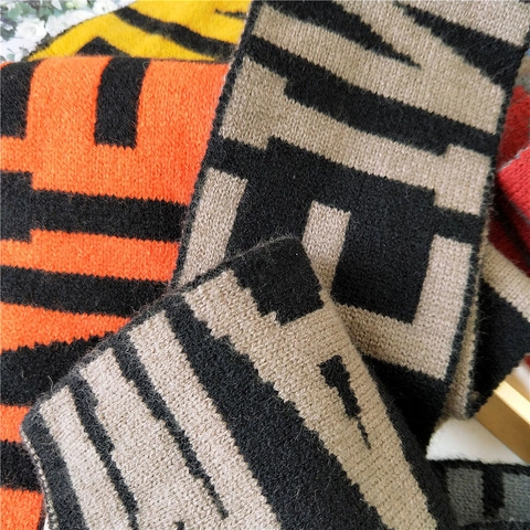 Knitted Winter Scarf Long Warm Letter Jacquard Contrast Color Soft Neck Warmer For Women Men Fashion Streetwear