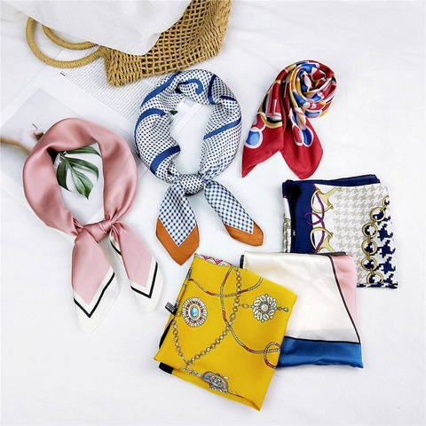Elegant Satin Polyester Square Scarf For Women 70x70cm Vintage Chain Floral Houndstooth Print Decorative Professional Neck Scarf Accessory