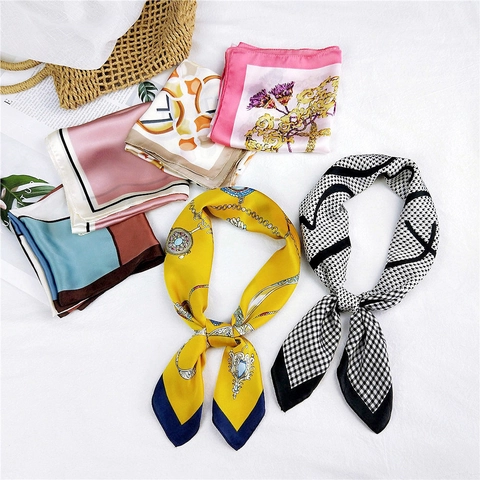 Elegant Satin Polyester Square Scarf For Women 70x70cm Vintage Chain Floral Houndstooth Print Decorative Professional Neck Scarf Accessory