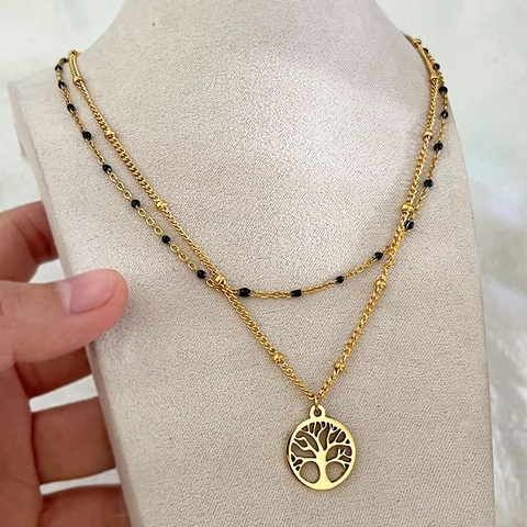 Doppelschichtige Lebensbaum Anhänger Halskette Edelstahl 18K Vergoldet Mit Schwarzen Emaille Perlen Für Damen
