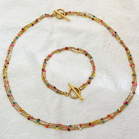 18K Gold Plated Stainless Steel Multi Layer Necklace Bracelet Colorful Enamel Beads Toggle Clasp Clavicle Chain Women