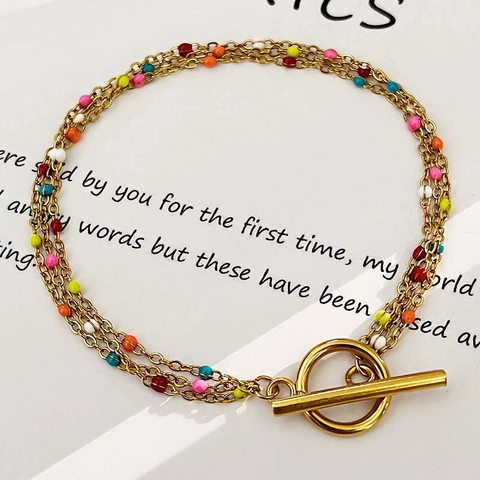 18K Gold Plated Stainless Steel Multi Layer Necklace Bracelet Colorful Enamel Beads Toggle Clasp Clavicle Chain Women