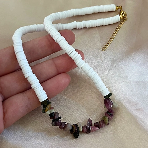 Bohemian Necklace White Heishi Polymer Clay Beads Irregular Natural Crushed Stones Multi-color Handmade Choker For Women