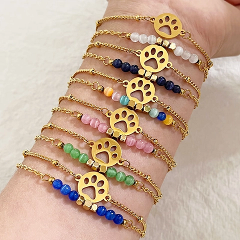 Women French Vintage Titanium Steel Cat's Eye Stone Bracelet Hollow Paw Print Double Layer Zirconia Adjustable Luxury Jewelry Hand Chain Gift