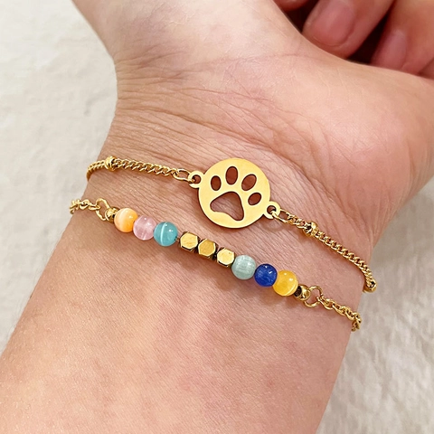 Women French Vintage Titanium Steel Cat's Eye Stone Bracelet Hollow Paw Print Double Layer Zirconia Adjustable Luxury Jewelry Hand Chain Gift