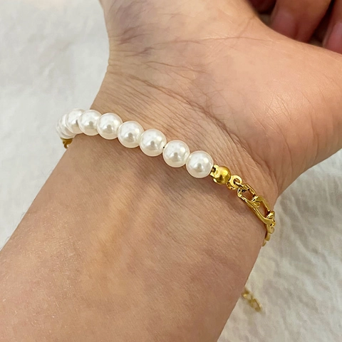 Bohemian Artificial Pearl Bracelet Stainless Steel Figaro Chain 18K Gold Plated Adjustable Spliced Jewelry For Women