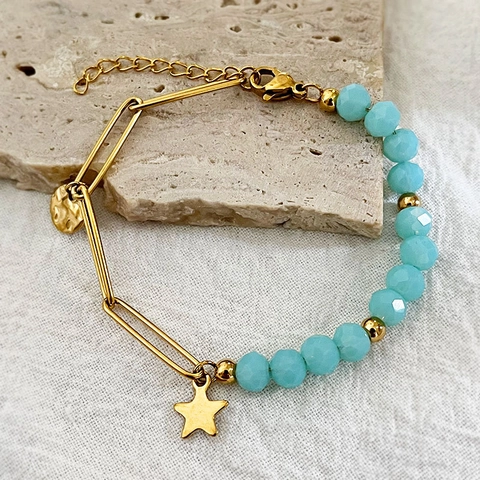 Women Vintage Stainless Steel Gold Plated Paperclip Chain Bracelet Light Blue Faceted Beads Star Round Charm Adjustable