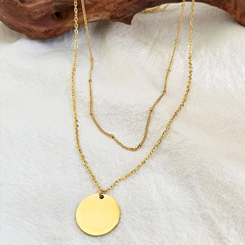 Double Layer Necklace Stainless Steel Polished Round Disc Pendant Satellite Bead Chain Minimalist Gold Jewelry For Women