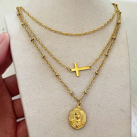 Multi Layer Halskette Gold Vergoldet Edelstahl Retro Jungfrau Maria Kreuz Religiöser Anhänger Böhmischer Stil Für Damen