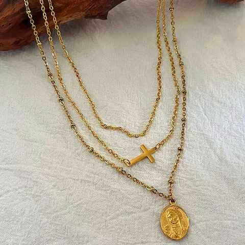 Multi Layer Halskette Gold Vergoldet Edelstahl Retro Jungfrau Maria Kreuz Religiöser Anhänger Böhmischer Stil Für Damen