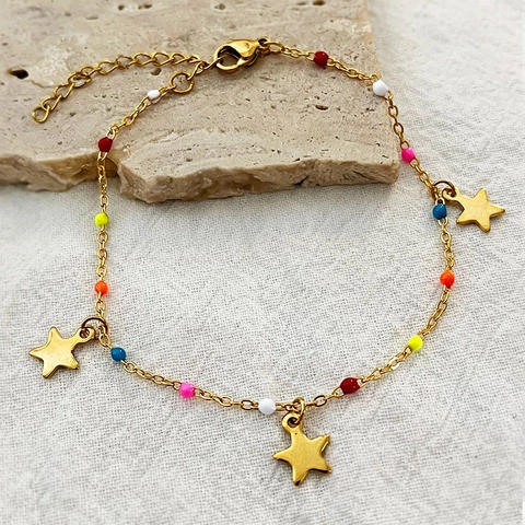 Stainless Steel Bracelet With Multi Colored Beads And Star Pendants Bohemian Style Women Jewelry