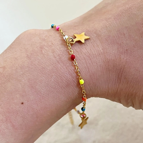 Stainless Steel Bracelet With Multi Colored Beads And Star Pendants Bohemian Style Women Jewelry