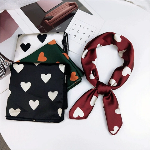 Heart Print Square Scarf Satiny Satin Neckerchief Professional Uniform Hair Tie Handbag Accessory Fashion Scarf