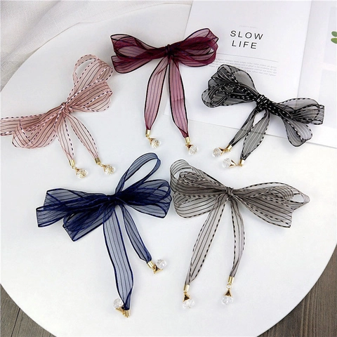 Sciarpa Sottile In Organza A Righe Con Fiocco E Pendente In Cristallo Nastro Decorativo Per Capelli O Borse