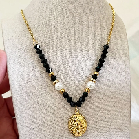 Maagd Maria Hanger Ketting Roestvrij Staal Verguld Zwarte Kralen Imitatie Kunstparel Retro Religieuze Sieraden Voor Dames