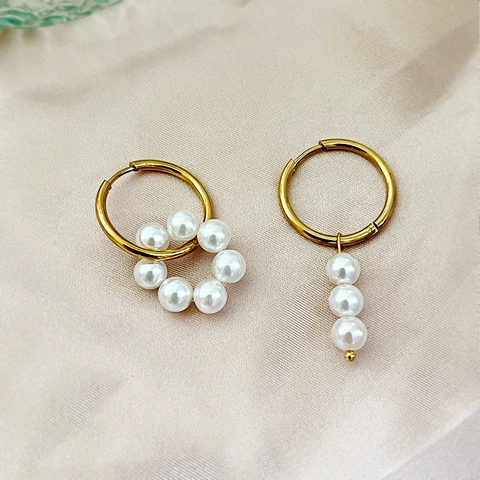 Asymmetric Artificial Pearl Hoop Earrings Gold Plated Stainless Steel Geometric Dangle Drop Jewelry For Women
